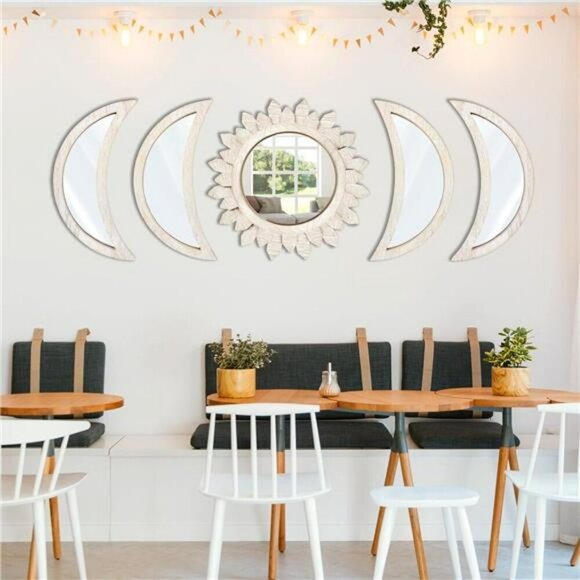 Moon Phase Mirror Wall Decor Set Boho Wood Acrylic Sunburst Bedroom Art 5PC - Picture 4 of 7